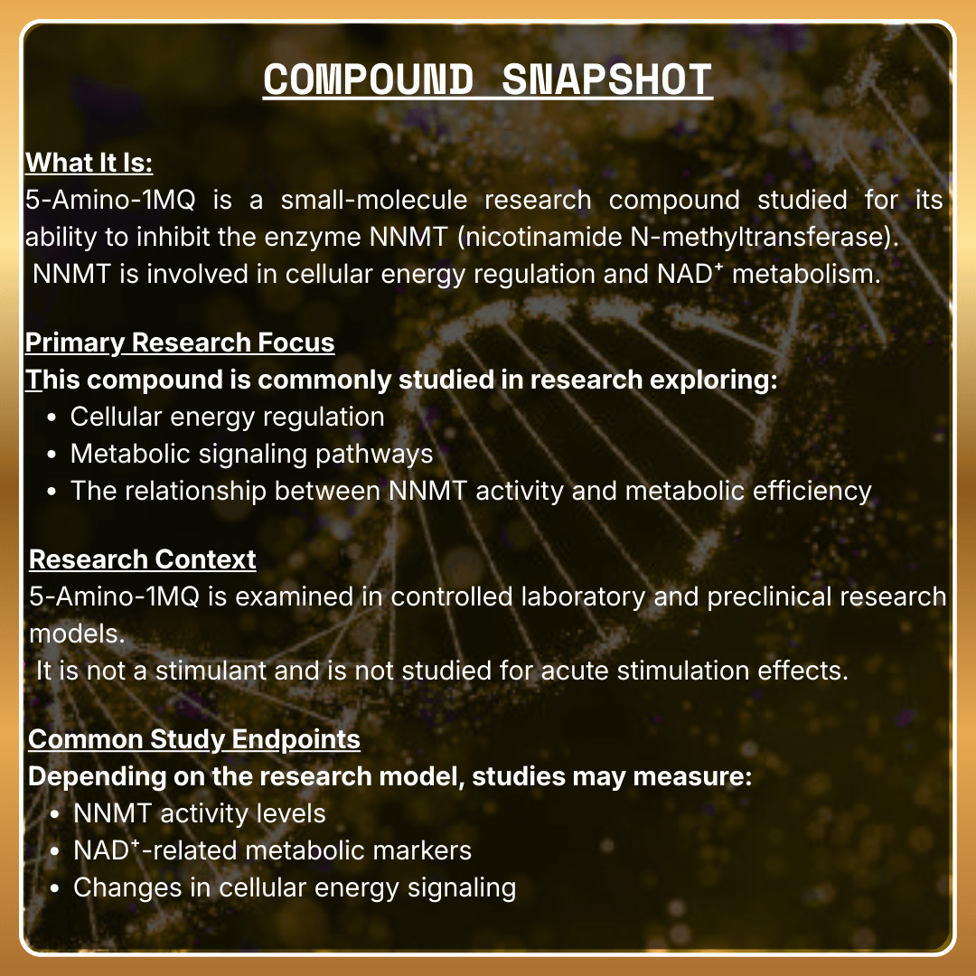 Informational text about 5-Amino-1MQ compound with a blurred background