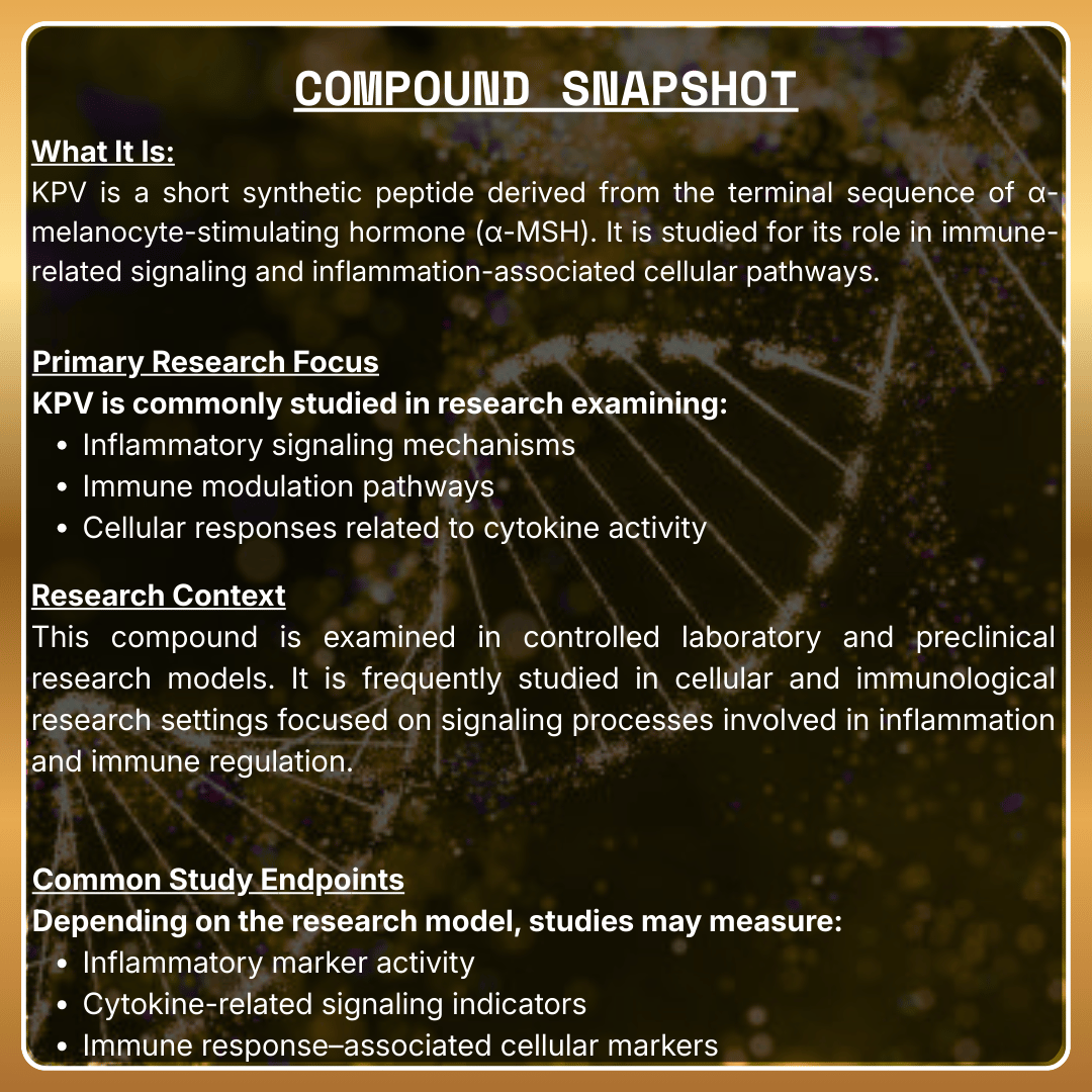 Compound snapshot of KPV with text about its properties and research focus.