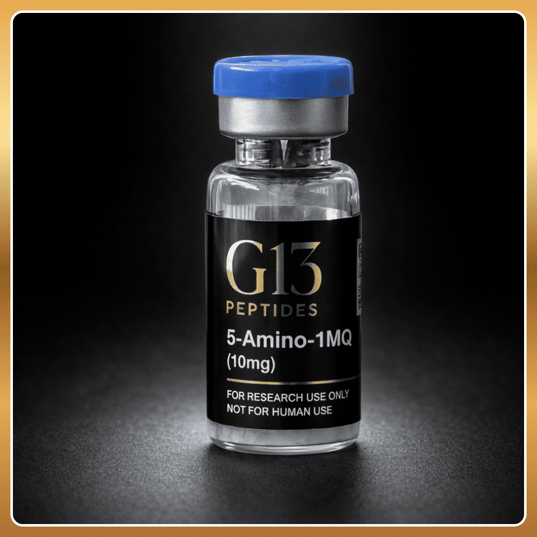 Vial labeled 'G13 Peptides' with a blue cap on a dark background