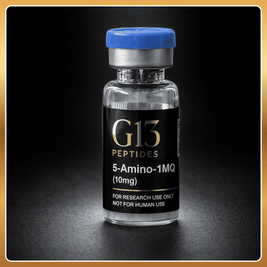 Vial labeled 'G13 Peptides' with a blue cap on a dark background