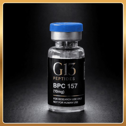 Vial labeled 'G13 Peptides BPC 157' on a dark background