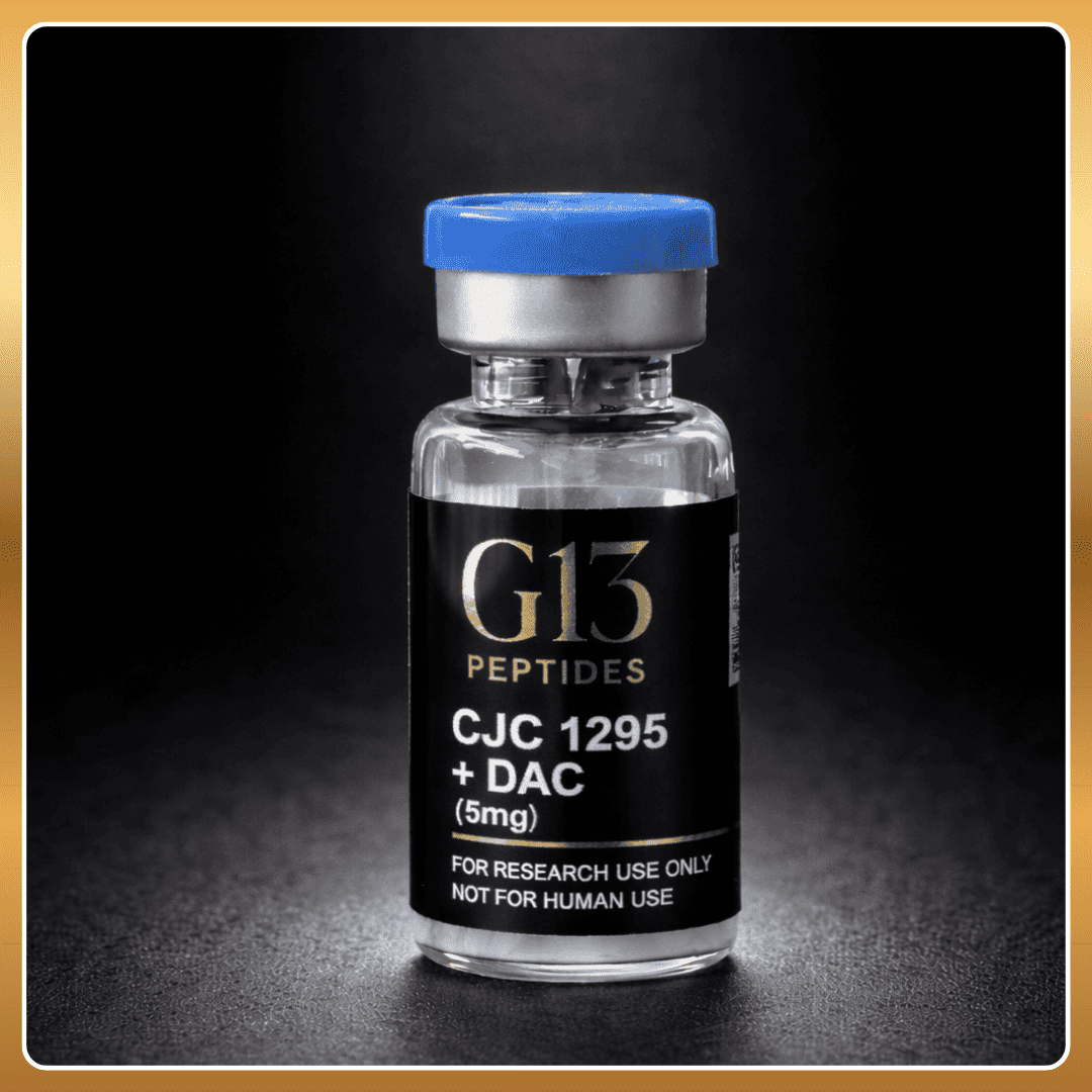 Vial labeled 'G13 Peptides CJC 1295 + DAC' on a dark background