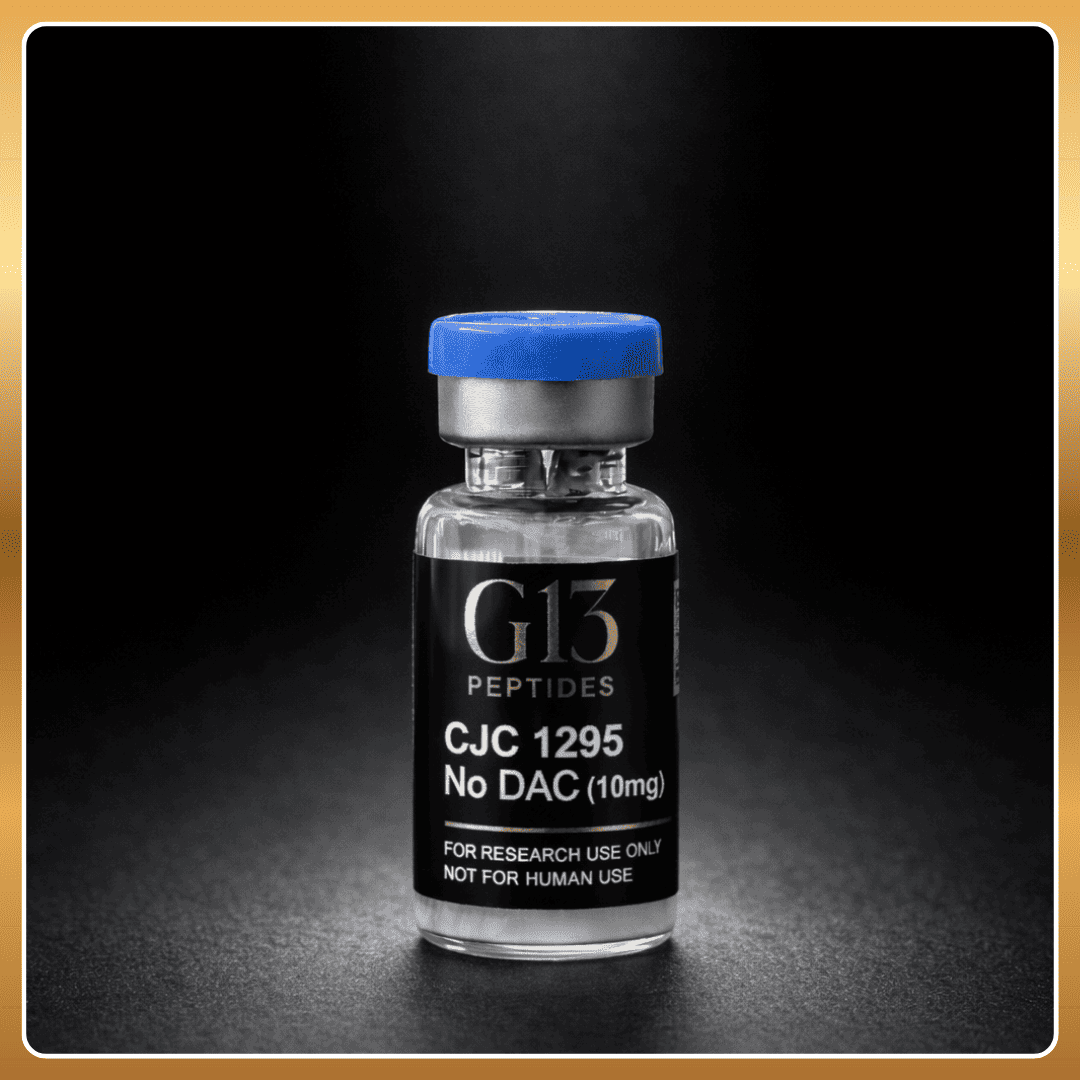 Vial labeled 'G13 Peptides CJC 1295 No DAC (10mg)' on a dark background