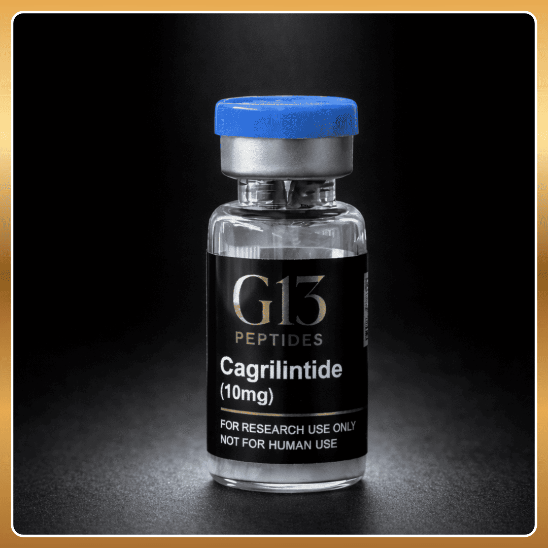Vial labeled 'G13 Peptides Cagrilintide (10mg)' on a dark background