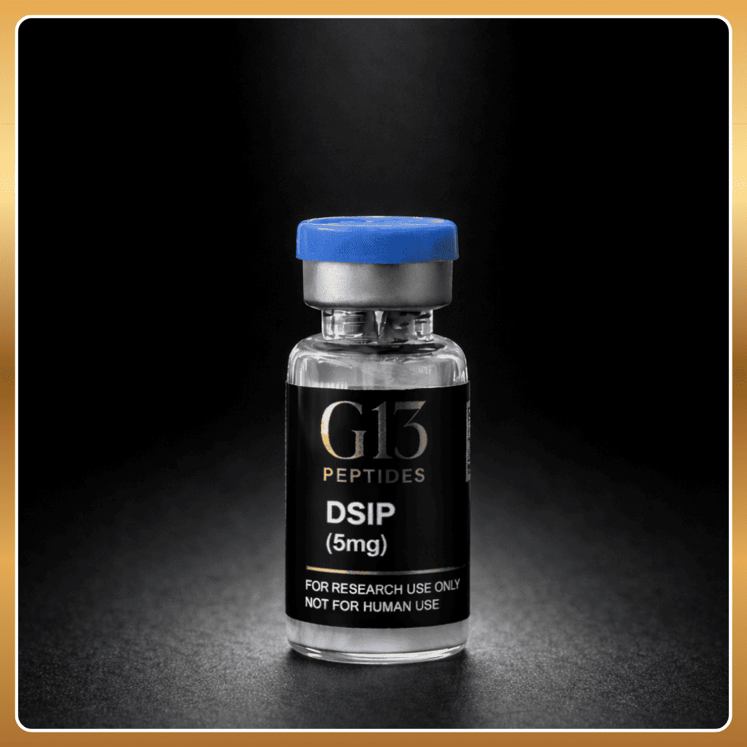 Vial labeled 'G13 Peptides DSIP (5mg)' on a dark background