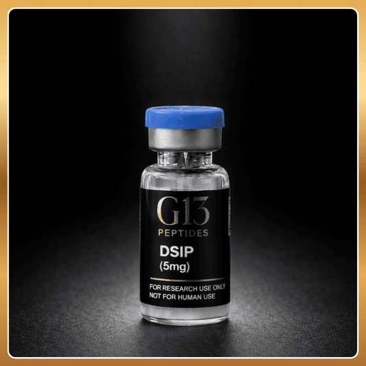 Vial labeled 'G13 Peptides DSIP (5mg)' on a dark background