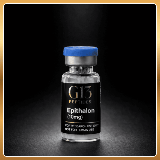Vial labeled 'G13 Peptides Epithalon (10mg)' on a dark background