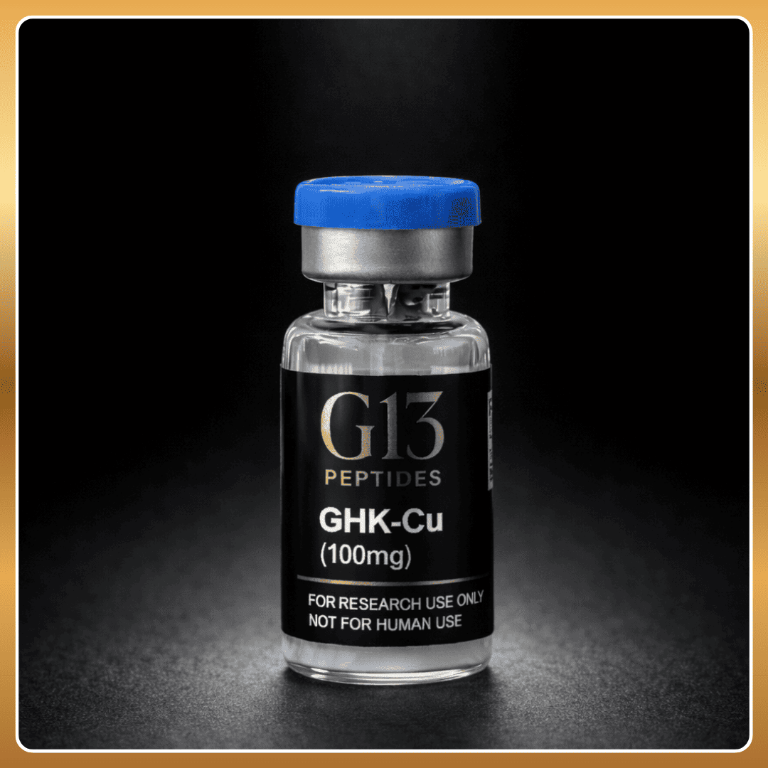 Vial labeled 'G13 Peptides GHK-Cu (100mg)' on a dark background