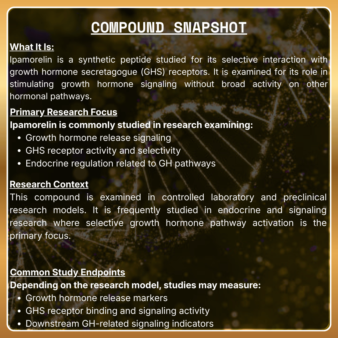 Compound snapshot of Ipamorelin with text on a dark background