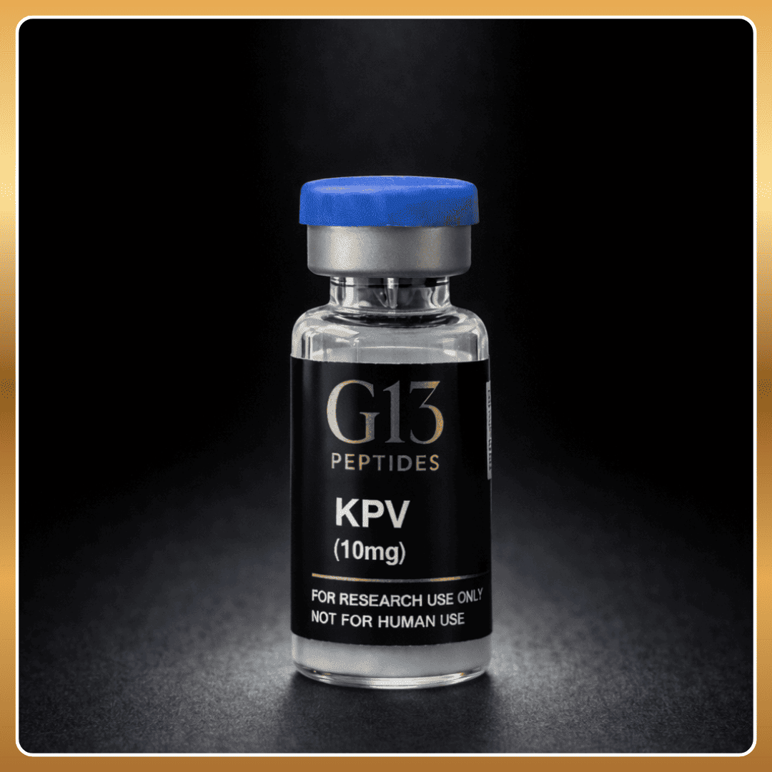 Vial labeled 'G13 Peptides KPV' on a dark background