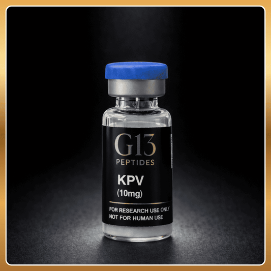 Vial labeled 'G13 Peptides KPV' on a dark background