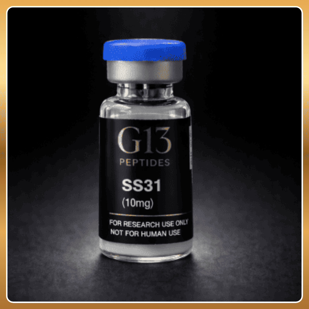 Vial labeled 'G13 Peptides SS31' on a dark background