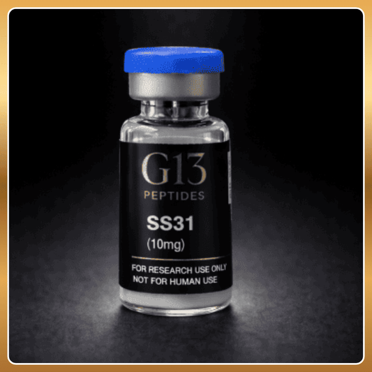 Vial labeled 'G13 Peptides SS31' on a dark background