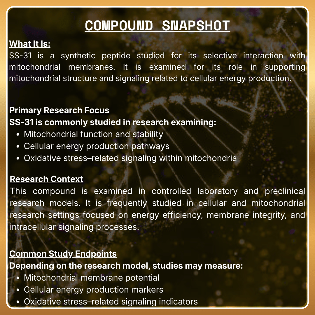 Informational text about SS-31 peptide on a dark background with scientific imagery.