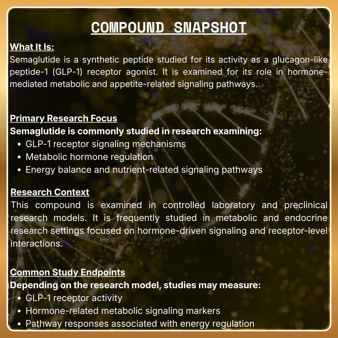 Text-based information about semaglutide on a dark background with scientific imagery.