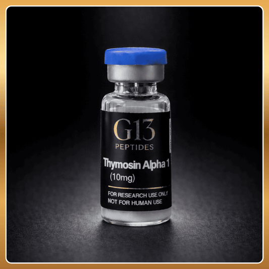 Vial labeled 'G13 Peptides Thymosin Alpha 1' on a dark background