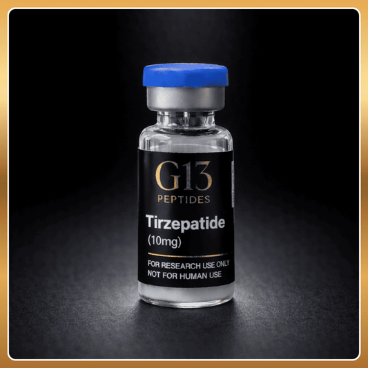 Vial labeled 'G13 Peptides Tirzepatide 10mg' on a dark background